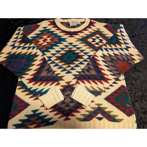 417 By Van Heusen Hand Knit Sz Large Unisex Heavy Knit Sweater Geometric Fall - Picture 2 of 4